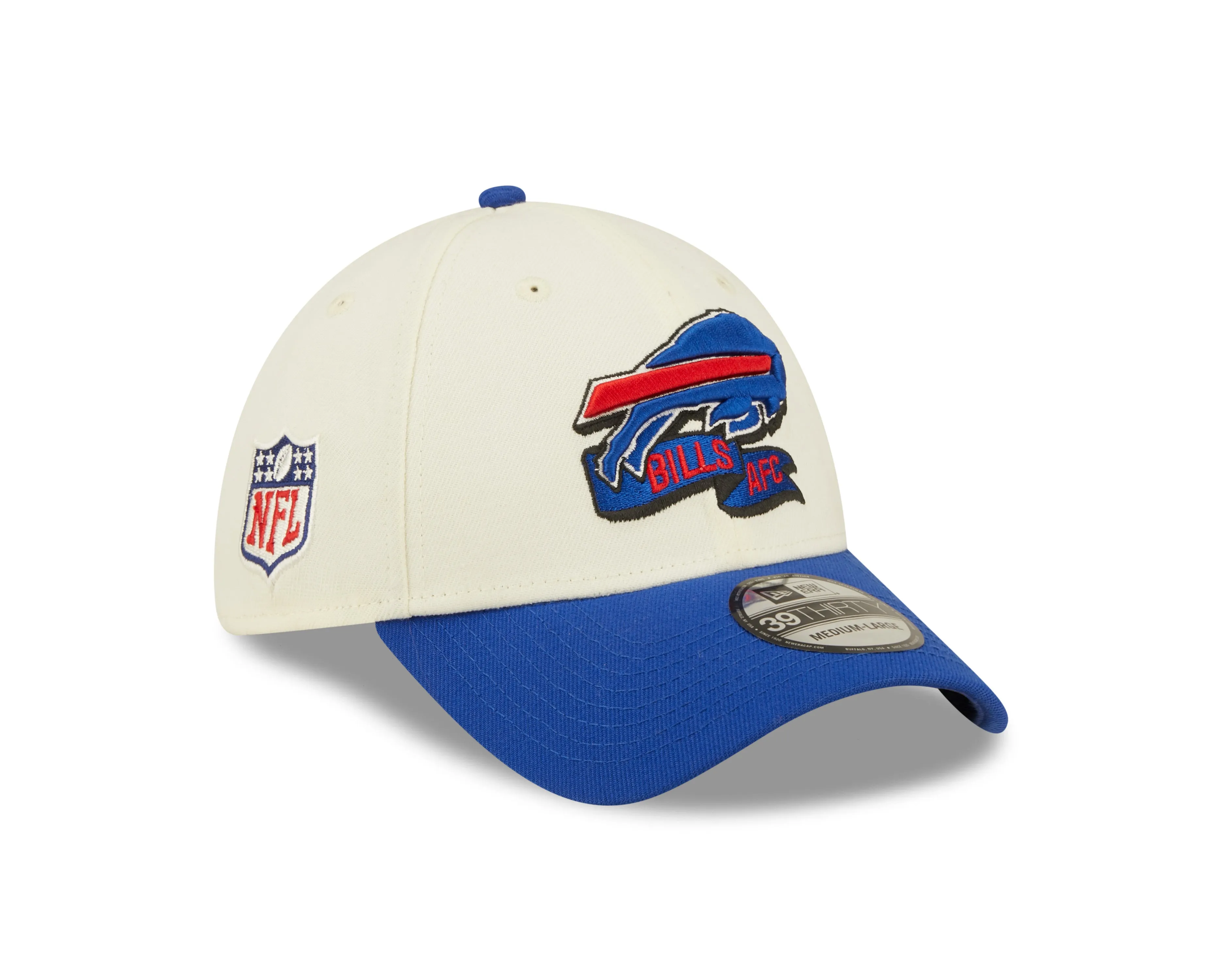 Men's Buffalo Bills New Era Cream/Royal 2022 Sideline 39THIRTY Flex Hat