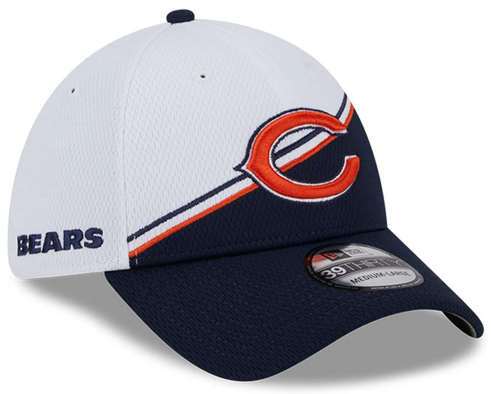 Men's Chicago Bears Secondary Logo New Era White/Navy 2023 Sideline 39THIRTY Flex Hat